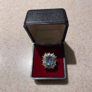 Gold-Tone Blue Oval Halo Cocktail Ring for Women